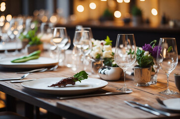 Fototapeta premium Table setting in a luxury restaurant. Selective focus glasses and plates