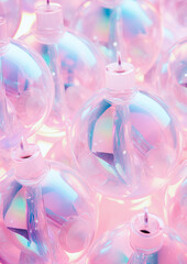 Trendy Christmas background made of iridescent New Year's shiny balls. Light refraction, pastel colors. Generative AI.