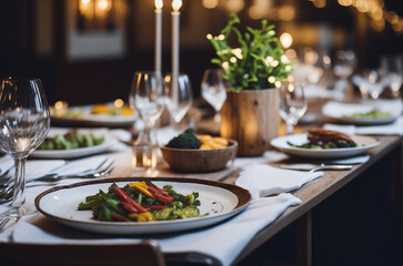 Fototapeta premium Table setting in a luxury restaurant. Selective focus glasses and plates