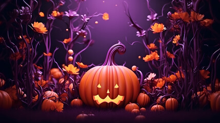 Naklejka na ściany i meble Halloween park background with purple and orange pumpkins and flowers. 3d rendering.