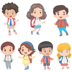 Vector set of girl, boy cartoon character. Illustration group of happy children student school, young cute childhood pupil with backpack smiling. Kindergarten youthful adorable, preschool knowledge.