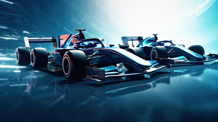 a formula race car in a blue light background