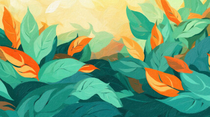 Fototapeta na wymiar Background with tropical leaves, 70's art style. Ai generative.