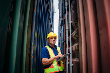 Foreman checking inventory or task details at Container cargo harbor. Logistics concept inside the shipping, import, and export industries.