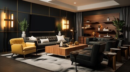 Fototapeta premium Entertainment Room , A room outfitted with a large flat-screen TV, mid-century modern furnishings, and luxe, velvet seating