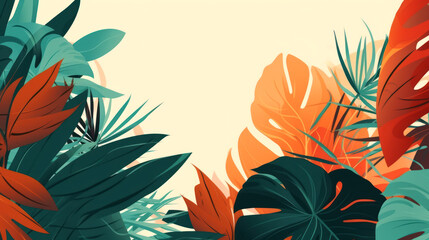 Fototapeta premium Background with tropical leaves, 70's art style. Ai generative.