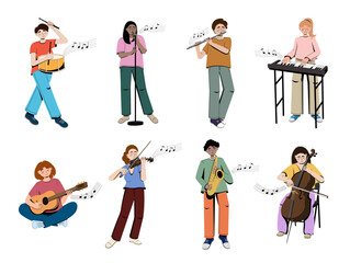 People playing musical instruments vector illustrations set. Large flat vector set of musicians playing synth, saxophone, flute, violin, cello and guitar, drum, singing person.  © Katsiaryna