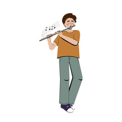 Vector flute boy playing, beautiful vector boy with flute. Flat vector illustration.