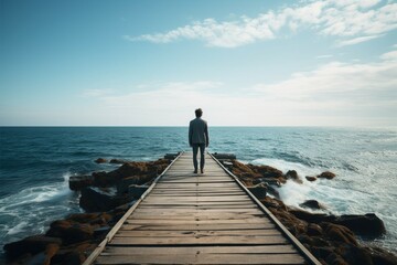 Man stands on the pier, gazing into the distant ocean horizon