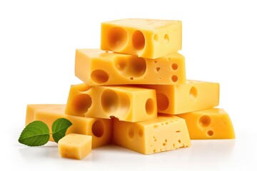 Yellow pieces of cheese with fresh green leaves isolated on a white background