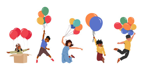 Joyful Kids Soaring On Vibrant Balloons In The Sky Embrace The Whimsical Adventure Of Floating Among The Clouds
