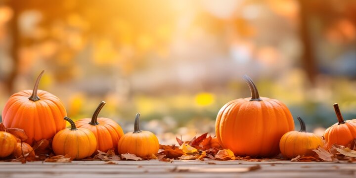 Defocused colorful bright autumn ultra wide panoramic background with blurry pumpkins and falling autumn leaves in the park. Border of orange pumpkins on a sunny day