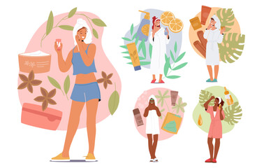 Girls Care For Skin With Cleansing Routines, Moisturizing, Sunscreen, And Regular Exfoliation. Vector Illustration