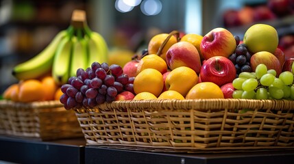 fresh colorful fruits in basket with plants on shelf in supermarket, Generative AI
