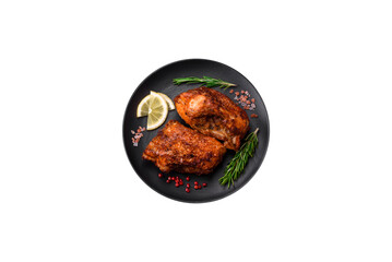 Delicious fried sea bass fish in the form of slices with spices and herbs
