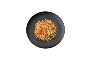 Delicious fresh Asian noodles with vegetables, salt, spices and herbs
