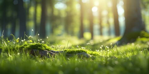 Defocused green trees in forest or park with wild grass and sun beams. Beautiful summer spring natural background - obrazy, fototapety, plakaty