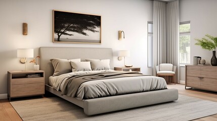 A gender-neutral and modern bedroom design with neutral colors, clean lines, and functional storage solutions