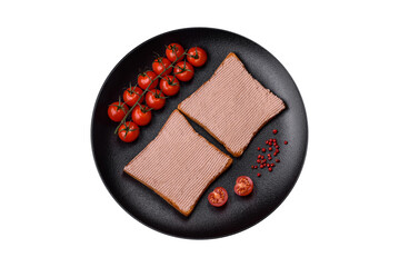 Delicious crispy toast with chicken or goose pate with salt and spices