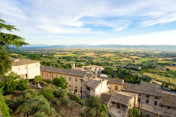 Fototapeta na wymiar A panoramic view of the countryside of Umbria and the town of Assisi taken from the Basilica of St Francis, Italy.