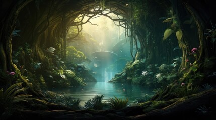 Dark fantasy landscape with forest.