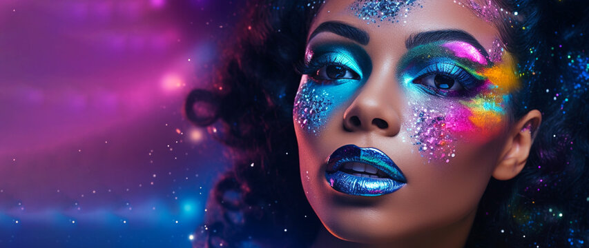 African American model with unique colorful makeup inspired by the cosmic palette on purple background. Banner. Close-up.