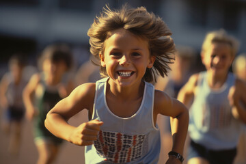 Joy of a child winning a runnig race in an athletics track. Athletic spirit and competition.
