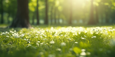 Fototapeta premium Defocused green trees in forest or park with wild grass and sun beams. Beautiful summer spring natural background