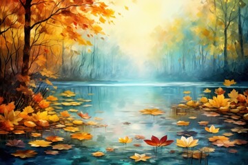 Autumn background with yellow leaves and water surface.