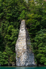 Schillerstein in the Vierwaldstättersee infront of the green forest in Switzerland 