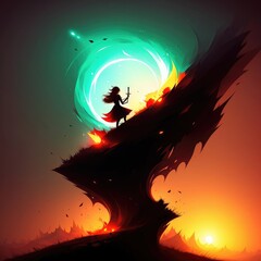 Fantastic illustration. Girl, fire and mountains. Generative AI