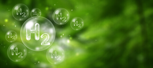 H2 hydrogen word in bubble on forest background, innovation hydrogen H2, zero emission technology....