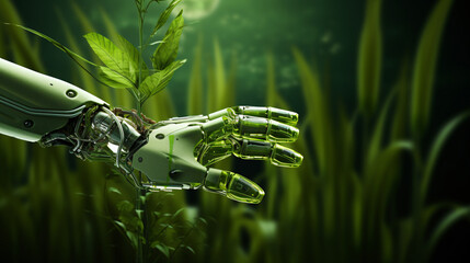 Green technology conceptual design, human arm covered with grass and lush and robotic hand - obrazy, fototapety, plakaty