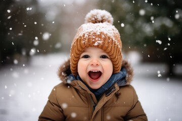 Cute child with happy face wearing a warm hat and warm jacket surrounded with snowflakes. Winter holidays concept.