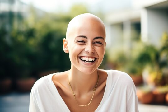 Radiating with joy, the bald woman exudes positivity and a smile, inspiring those around her with her irresistible energy. Generative AI