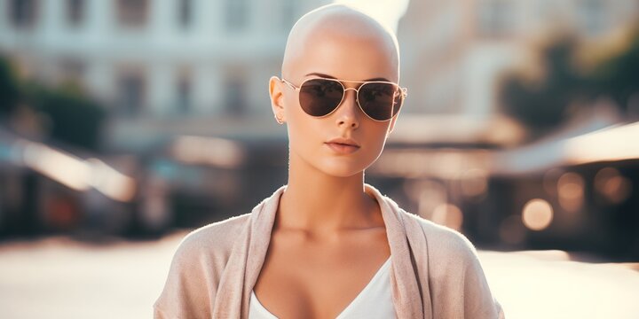 Radiating with joy, the bald woman exudes positivity and a smile, inspiring those around her with her irresistible energy. Generative AI