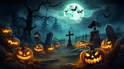 Halloween Card Party - Pumpkins And Zombies In Graveyard With Wooden Board