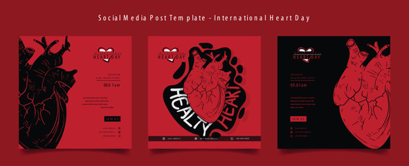 Social media post template in red background with heart vector illustration for world heart day