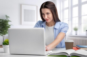 Young professional happy business woman working on laptop