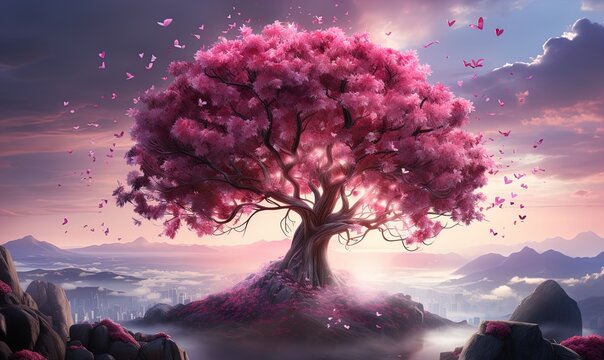 pink tree in a sunset
