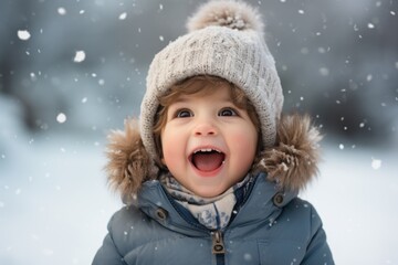 Cute child with happy face wearing a warm hat and warm jacket surrounded with snowflakes. Winter holidays concept.