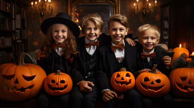 Happy Halloween! a group of children in suits and with pumpkins in home