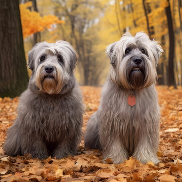 two big fluffy cute gray bearded terrier dogs sitting in autumn park walking on fallen leaves