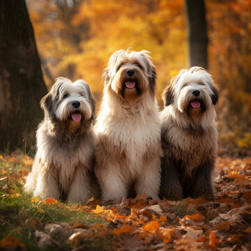 Three shaggy cute bobtail dogs walking in the autumn park along the fallen leaves