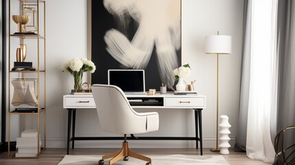 Home Office , A functional yet chic workspace featuring a mid-century desk, a statement chair, and carefully curated art pieces