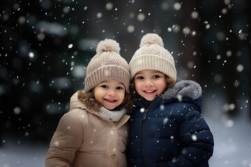Two cute kids with happy faces wearing a warm hats and warm jackets surrounded with snowflakes. Winter holidays concept.