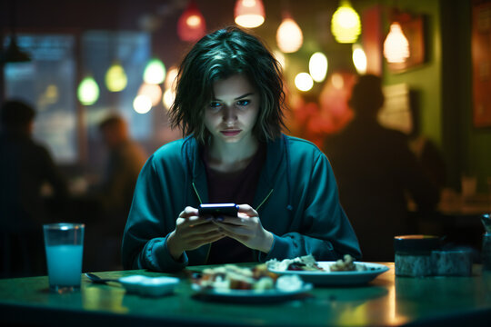 Woman in restaurant, bar with food, dinner, lunch on table, holding phone, looking at it, messaging, app, whatsapp