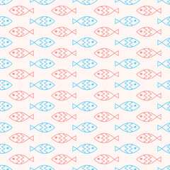 Seamless geometric pattern with pink and blue fish on light background. Vector print for fabric background