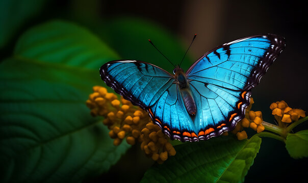 Beautiful Butterfly blue wings Macro photography with leaf and flower background