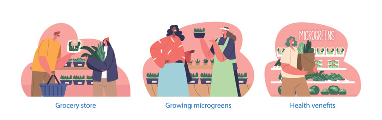 Isolated Elements with Male and Female Shoppers Characters Opt For Microgreens At The Grocery Store Vector Illustration